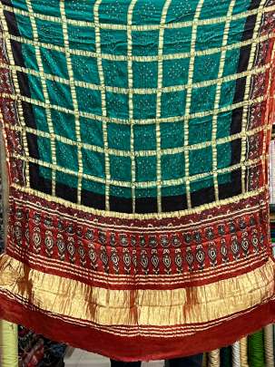 Modal silk gharchoda bandhej duppata with ajrakh palav- Rama green/ Bandhej duppatas & Stoles