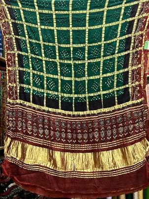 Modal silk gharchoda bandhej duppata with ajrakh palav- Green/ Bandhej duppatas & Stoles