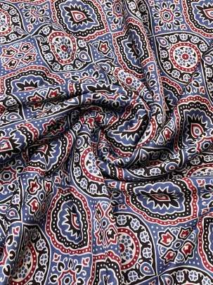 Modal silk handblocked ajrakh print - Blue/ Traditional silk prints 