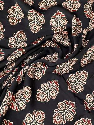 Modal silk handblocked ajrakh print - Black/ Traditional silk prints 