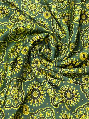 Modal silk handblocked ajrakh print - Green/ Traditional silk prints 