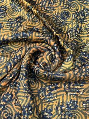 Modal silk handblocked ajrakh print - Dark green/ Traditional silk prints 