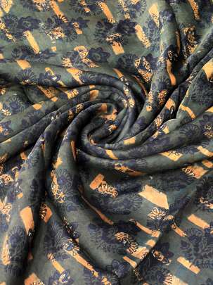 Modal silk handblocked ajrakh print - Dark green/ Traditional silk prints 