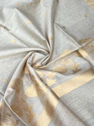 Munga silk chanderi duppata with fine golden banarasi butti & daman with golden border - Beiege ( Dyeable )/ Banarasi Duppatas 