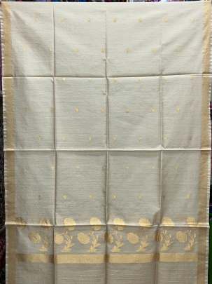 Munga silk chanderi duppata with fine golden banarasi butti & daman with golden border - Beiege ( Dyeable )/ Banarasi Duppatas 