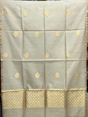 Munga silk chanderi duppata with fine golden banarasi butti & daman with golden border - Beiege ( Dyeable )/ Banarasi Duppatas 