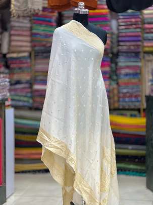 Munga silk duppata with golden banarasi zari work - Natural ( Dyeable  ) Munga silk duppatas