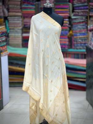 Munga silk duppata with golden zari butti - Natural ( Dyeable ) Banarasi Duppatas 