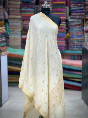 Munga silk duppata with golden zari butti - Natural ( Dyeable ) Banarasi Duppatas 