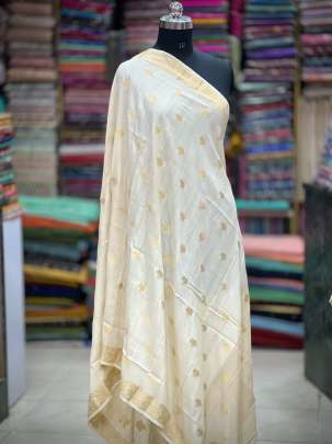 Munga silk duppata with golden zari butti - Natural ( Dyeable ) Banarasi Duppatas 