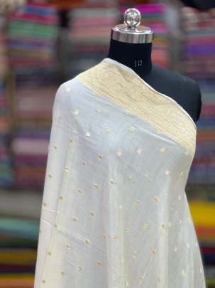 Munga silk duppata with golden banarasi zari work - Natural ( Dyeable  ) Munga silk duppatas