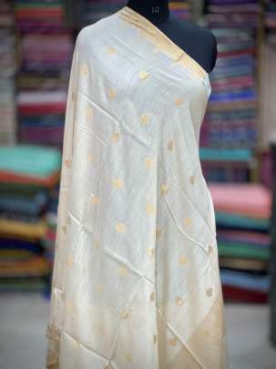 Munga silk duppata with golden zari butti - Natural ( Dyeable ) Banarasi Duppatas 