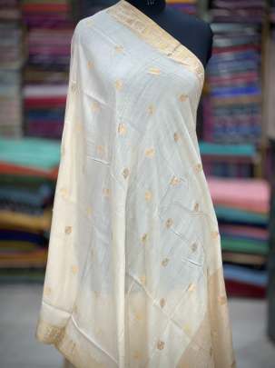 Munga silk duppata with golden zari butti - Natural ( Dyeable ) Banarasi Duppatas 