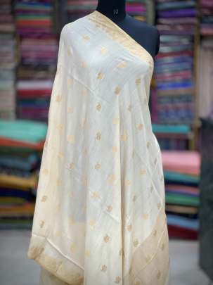 Munga silk duppata with golden zari butti - Natural ( Dyeable ) Banarasi Duppatas 