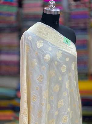 Munga silk duppata with water gold & Golden banarasi zari work - Natural ( Dyeable ) Munga silk duppatas