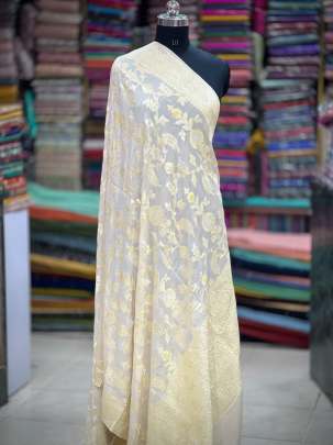 Munga silk minakari duppata with golden & silver zari jal work - Natural ( Dyeable ) Banarasi Duppatas 