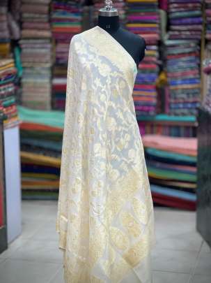 Munga silk duppata with golden & silver zari jal work - Natural ( Dyeable )