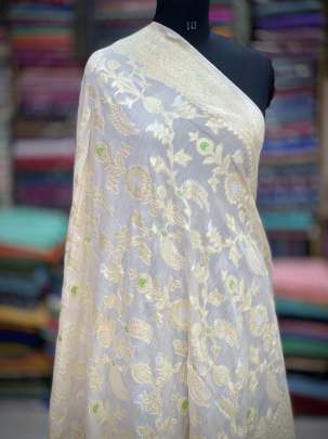 Munga silk minakari duppata with golden & silver zari jal work - Natural ( Dyeable ) Banarasi Duppatas 