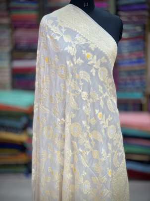 Munga silk minakari duppata with golden & silver zari jal work - Natural ( Dyeable ) Banarasi Duppatas 