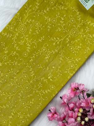 Munga silk with self embroidery fabric - Lemon Yellow/ Banarasi Work