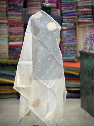 Organza duppata with golden banarasi zari butti - White ( Dyeable )