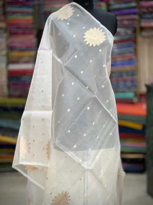 Organza duppata with golden banarasi zari butti - White ( Dyeable ) Banarasi Duppatas 