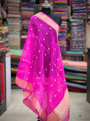 Organza duppata with golden zari butti - Hot pink/ 