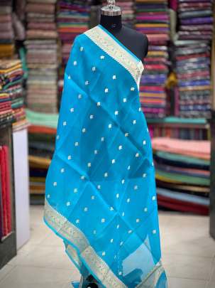 Organza duppata with golden zari butti - Sky blue/