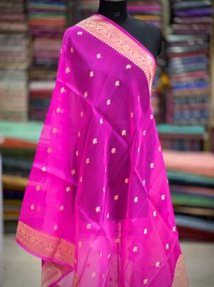 Organza duppata with golden zari butti - Hot pink/ Banarasi Duppatas 