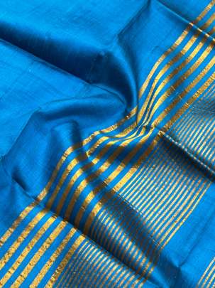 Plain Raw Silk Duppata With Golden Palav Sky Blue/ 