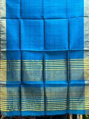 Plain Raw Silk Duppata With Golden Palav Sky Blue/ Plain duppatas 