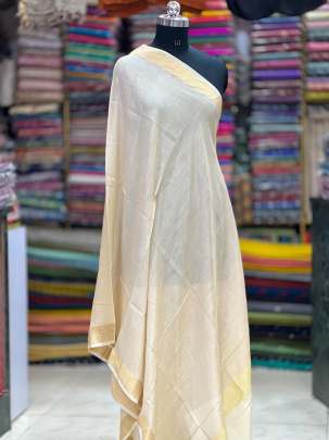 Plain munga silk duppata with banarasi border - Natural ( Dyeable )