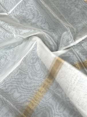 Plain organza duppata with golden & silver Stripe border - White ( Dyeable )/ Banarasi Duppatas 