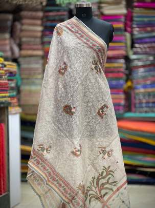 Printed chanderi duppata with self embroidery - Grey/ Printed duppatas