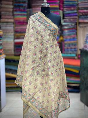 Printed chanderi duppata with self embroidery - Pista green/ Printed duppatas