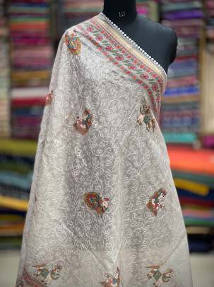 Printed chanderi duppata with self embroidery - Grey/ Printed duppatas