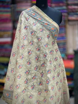 Printed chanderi duppata with self embroidery - Pista green/ Printed duppatas