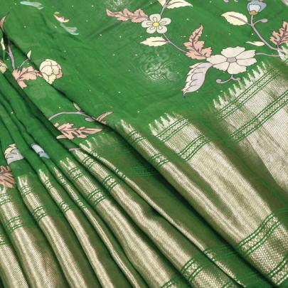 Printed chanderi with mukesh work & golden banarasi border fabric/ 