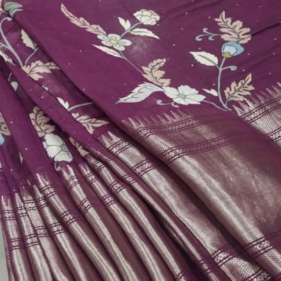 Printed chanderi with mukesh work & golden banarasi border fabric/ 