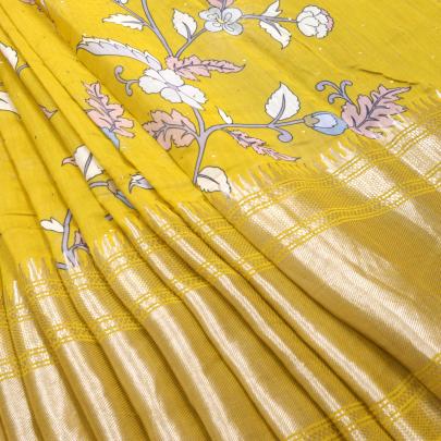 Printed chanderi with mukesh work & golden banarasi border fabric/ 