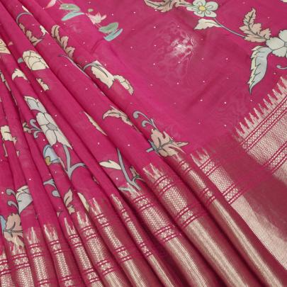 Printed chanderi with mukesh work & golden banarasi border fabric/ 