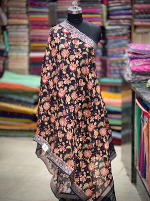 Printed munga silk duppata - Black/