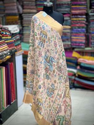 Printed munga silk duppata - Peach/ Printed duppatas