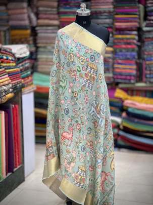 Printed munga silk duppata - Pista green/ Printed duppatas