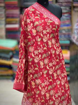 Printed munga silk duppata - Red/ Printed duppatas