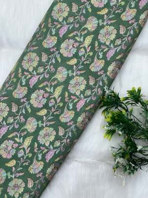 Printed munga silk embroidery fabric - Green/ 