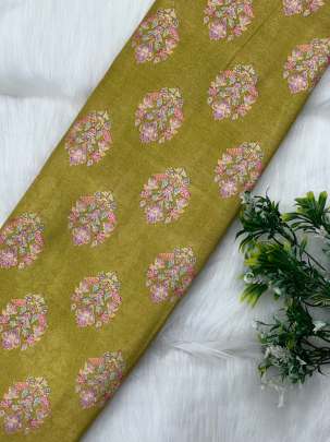 Printed munga silk embroidery fabric - Lemon Green/ Banarasi Work