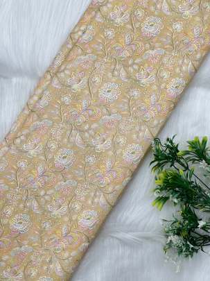 Printed munga silk embroidery fabric - Light Yellow/ Banarasi Work