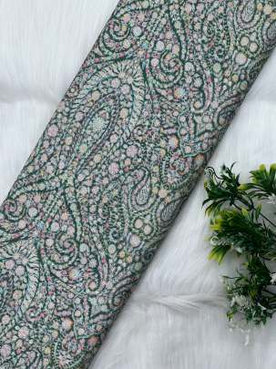 Printed munga silk embroidery fabric - Green/ Banarasi Work