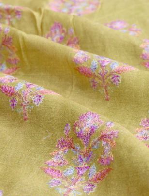 Printed munga silk embroidery fabric - Lemon Green/ 